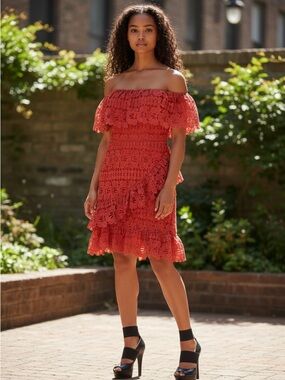 Lulu's Coral Off-Shoulder Lace Ruffle Mini Dress